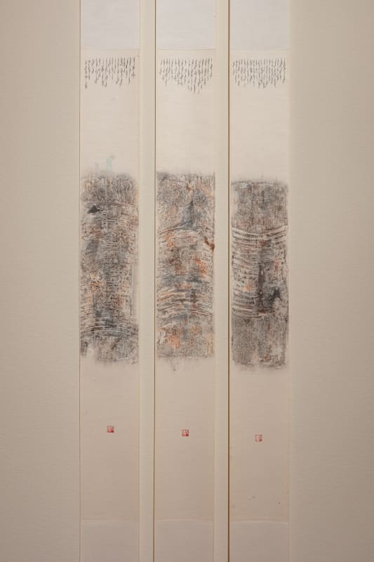 Tao Aimin, In a Twinkle No. 6 (detail), 2011, Ink rubbing on paper, set of three hanging scrolls with nushu (women’s script)